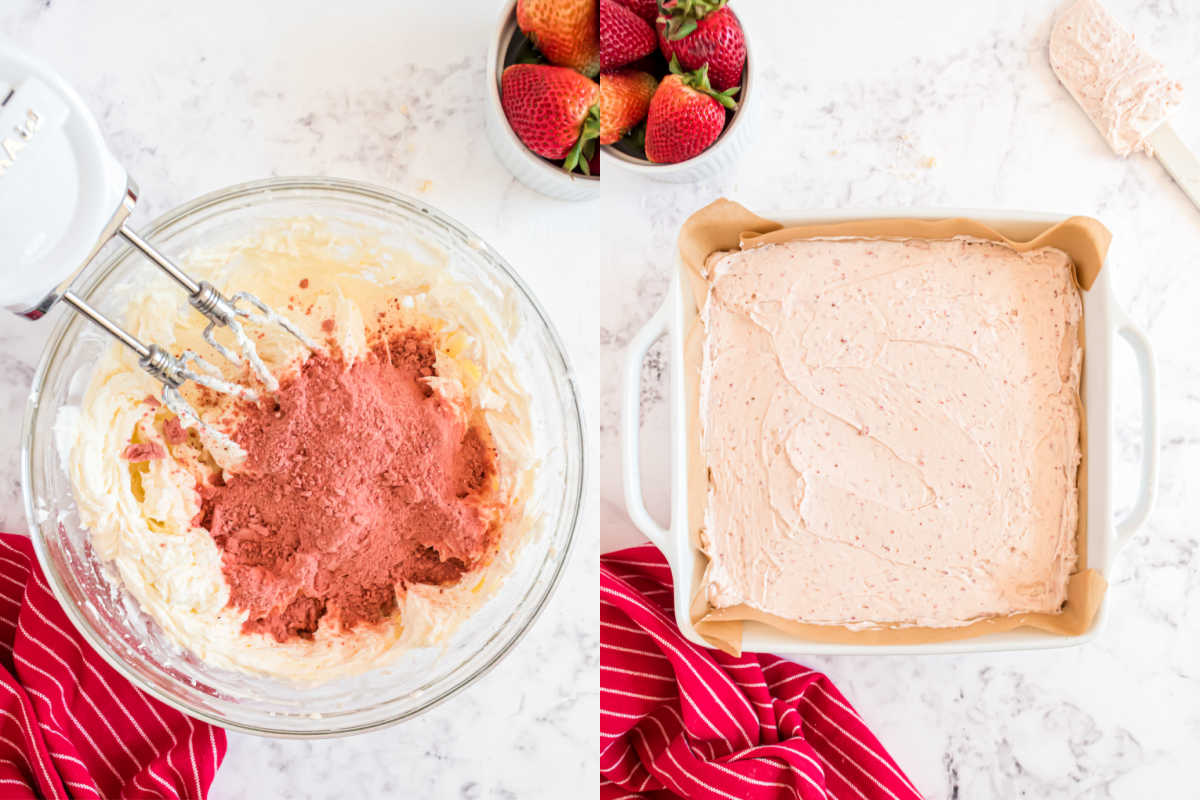 Left: Mixing pink powder into batter; right: pink batter spread in a parchment-lined square pan. Strawberries nearby.