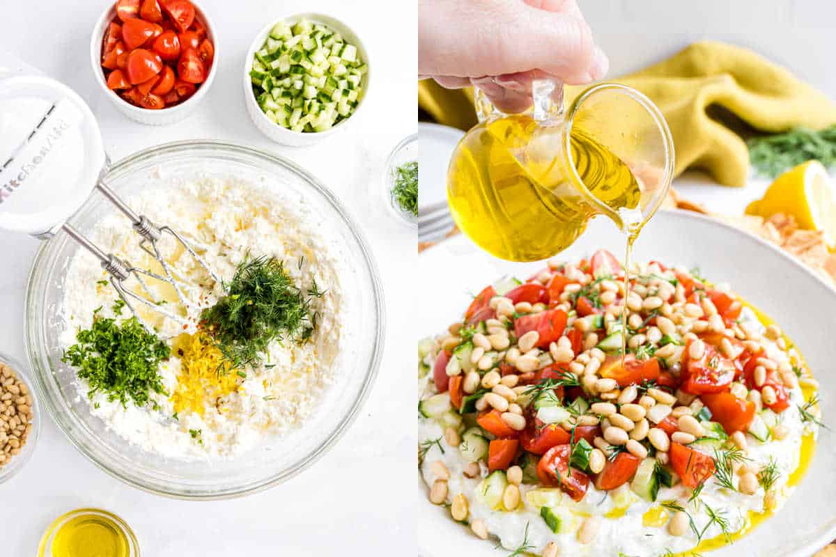 Left: Mixing cheese, herbs, and egg; right: Pouring olive oil over veggie and pine nut-topped whipped feta dip.