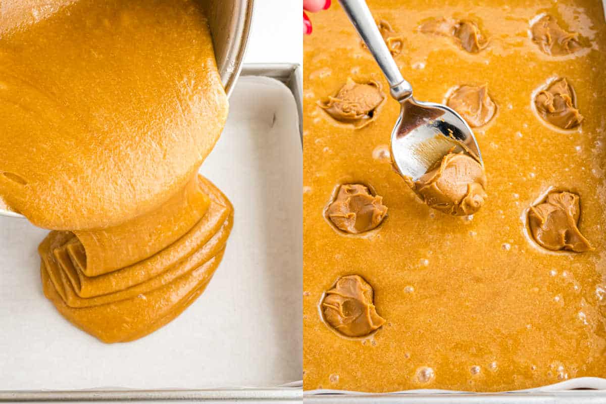 Left: Batter is poured into a lined pan. Right: Dollops of peanut butter added to the batter with a spoon.