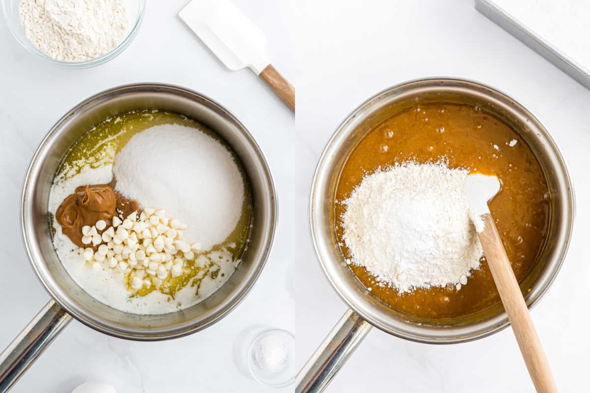 Split image: Ingredients in a saucepan (peanut butter, sugar, white chips) then mixed with flour using a spatula.