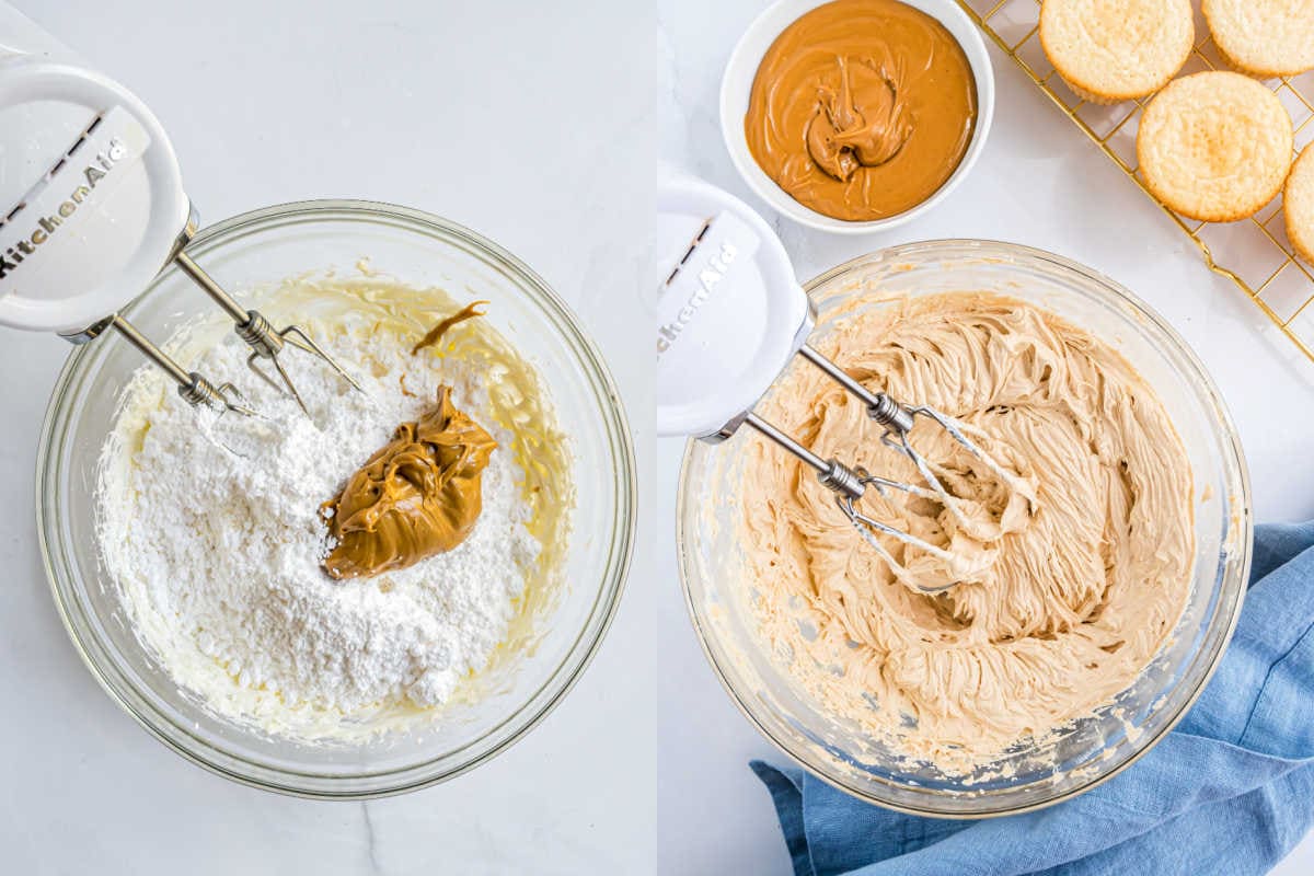 A mixer blends powdered sugar and peanut butter in a bowl; the second bowl shows the mixture whipped smooth.