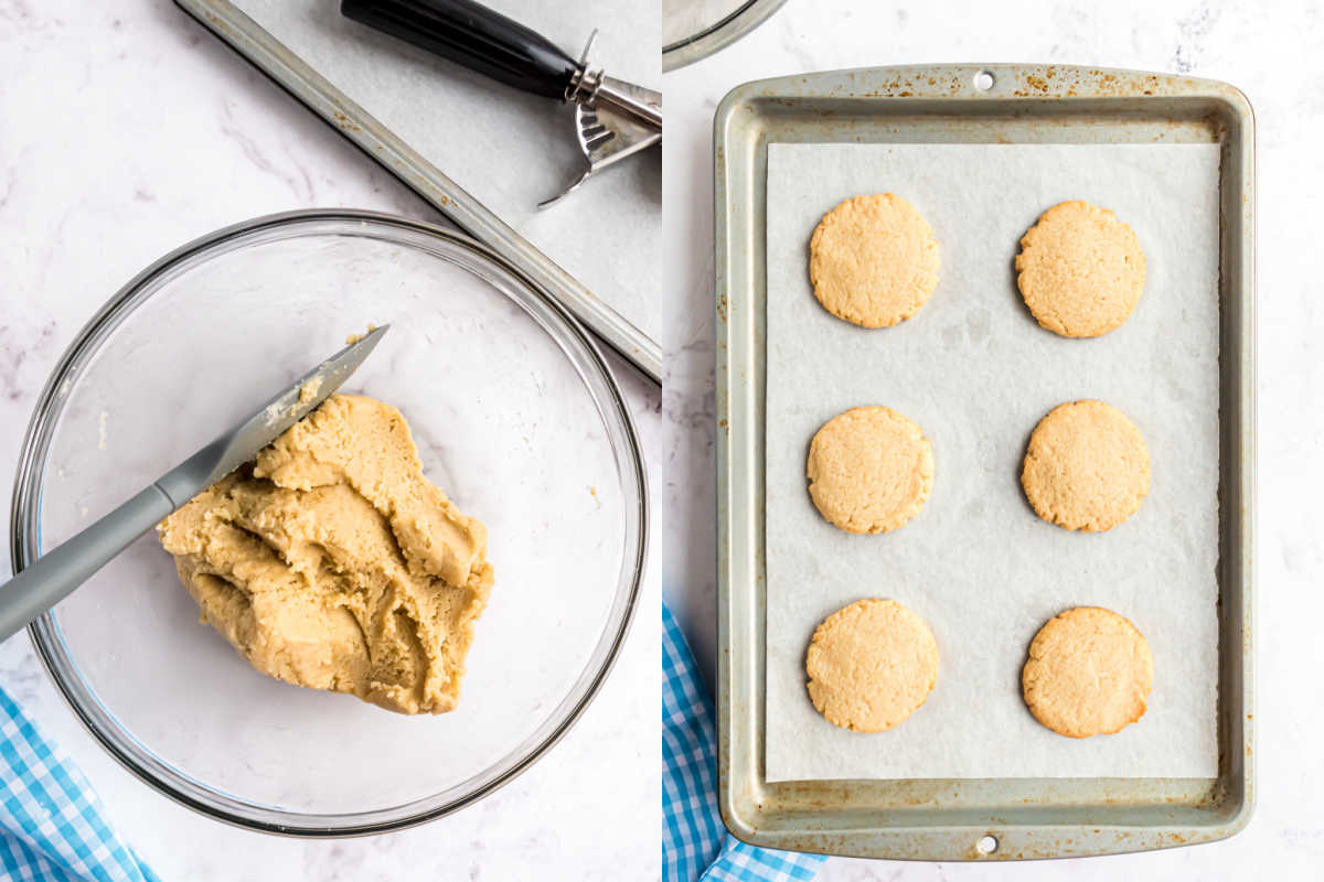 Cookie dough in a glass bowl and six baked cookies on a parchment-lined baking sheet.
