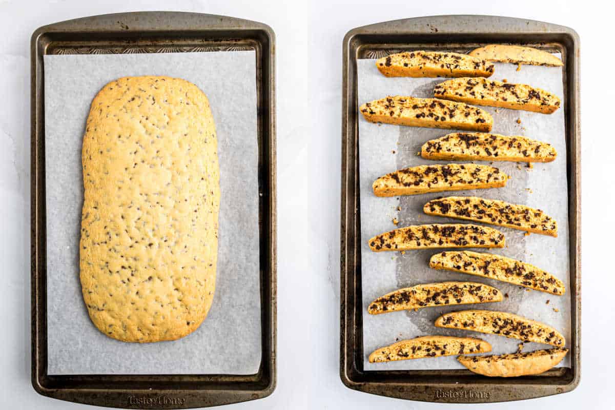 Two baking sheets: one with a whole baked loaf, the other with sliced biscotti cookies.