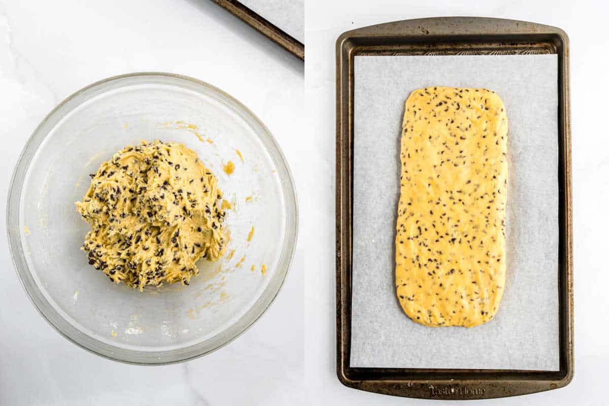 Left: Cookie dough with chocolate in a bowl; right: dough shaped into a rectangle on a parchment-lined baking sheet.