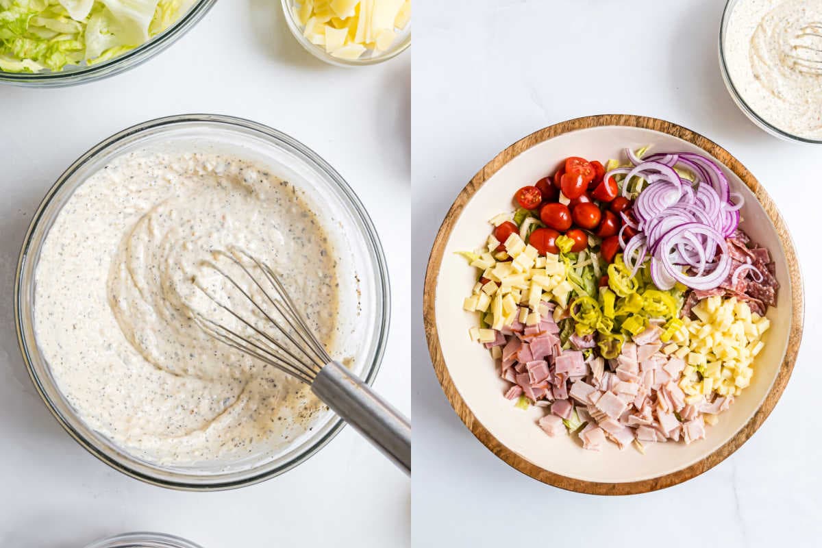 A whisk mixing creamy dressing and a bowl of salad with ham, cheese, tomatoes, onions, and peppers.
