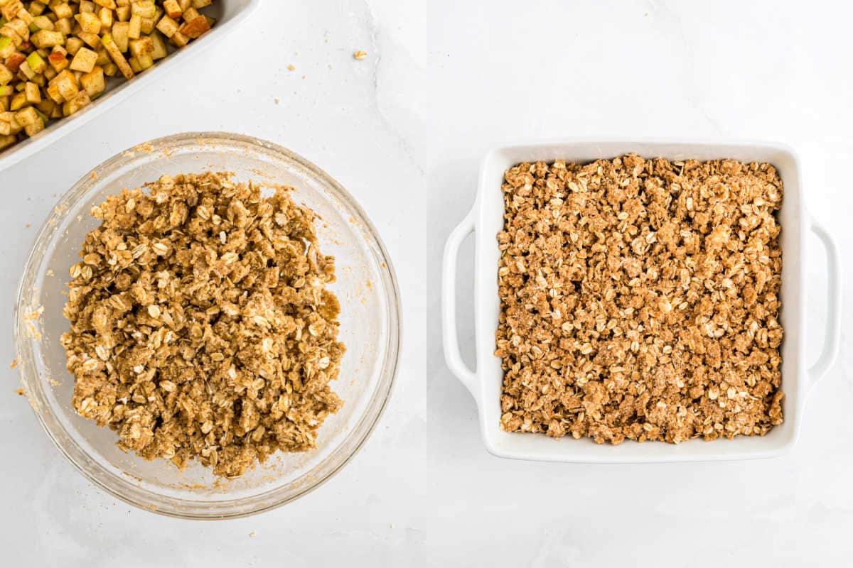 Oat crumble topping in a bowl on the left, and spread over a baking dish on the right.