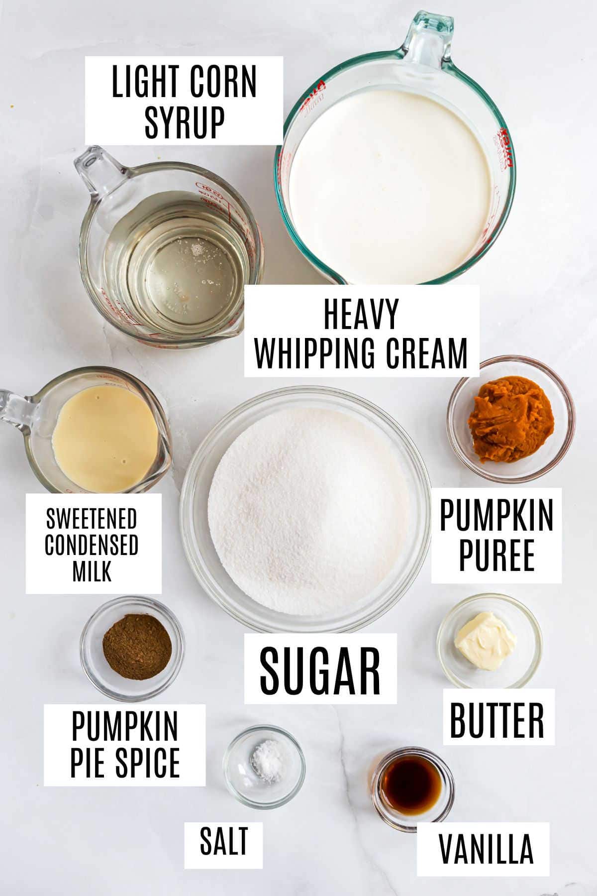 Labeled ingredients for pumpkin spice fudge, including sugar, cream, butter, pumpkin puree, and spices on white background.