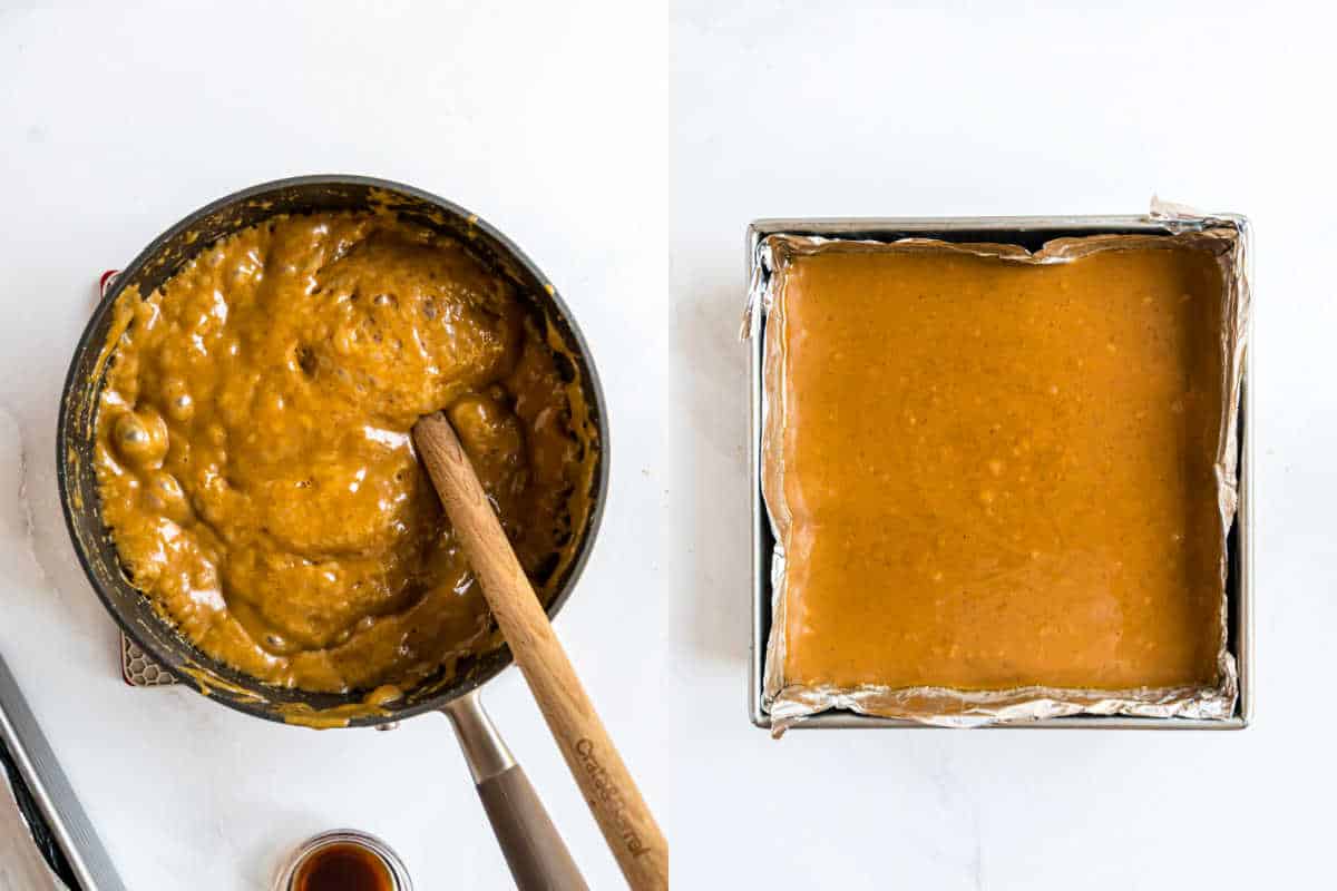 Left: Caramel mixture in a saucepan with a wooden spoon. Right: Caramel poured into a lined square baking pan.