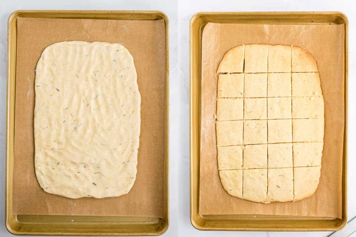 Left: Raw dough flattened on a baking sheet. Right: Baked and sliced rectangular shortbread on a tray.