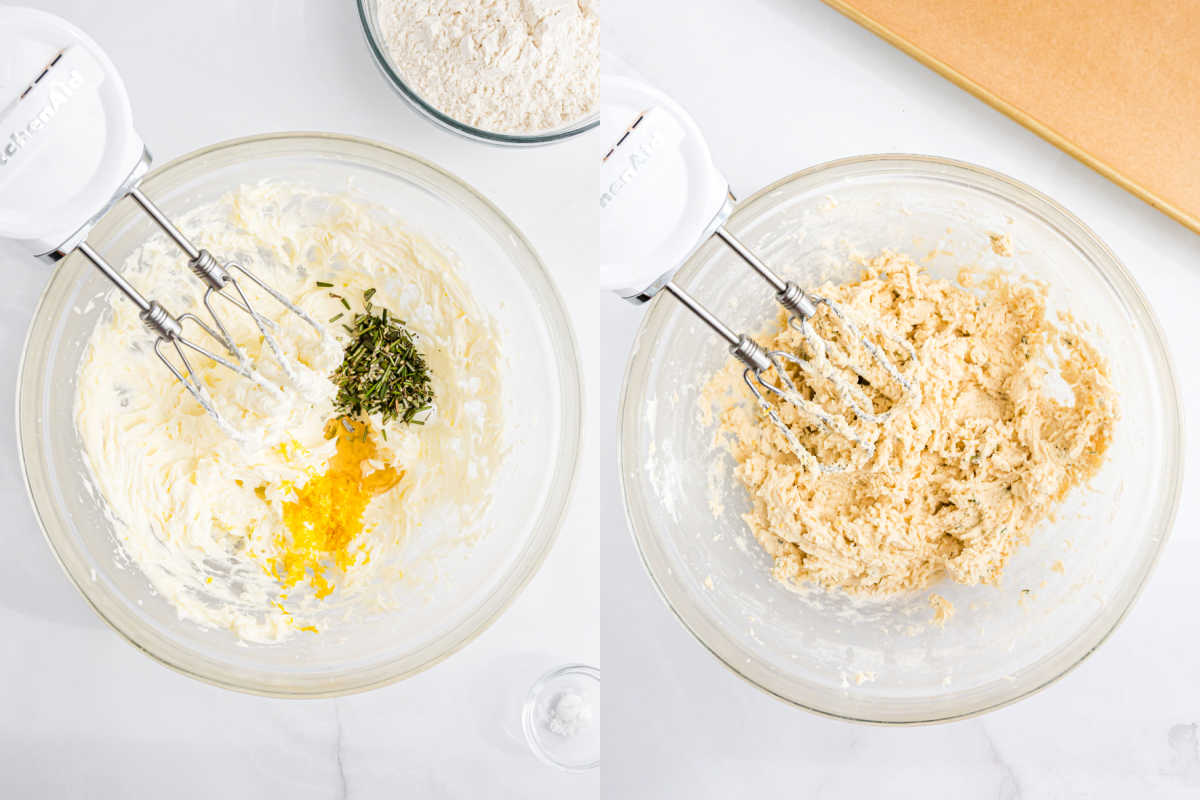 Two glass bowls with electric mixers; batter in progress with herbs and lemon zest, then with flour mixed in.