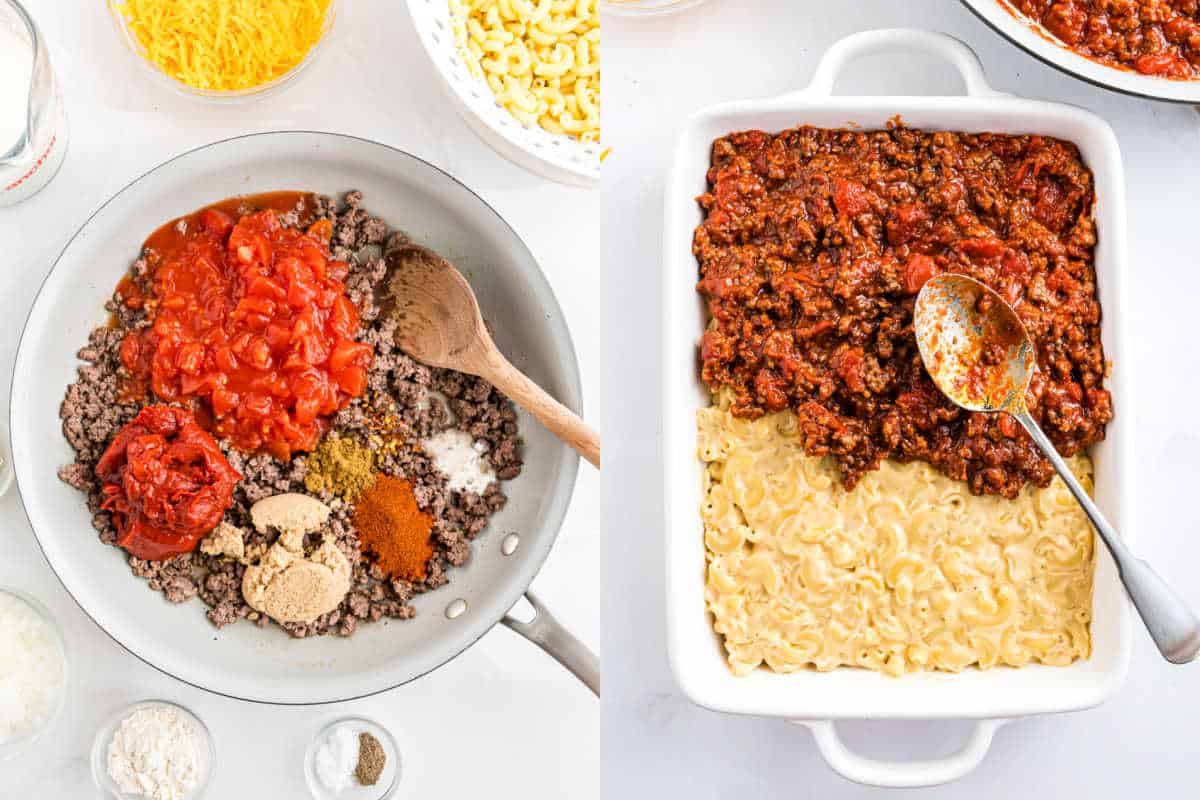 Large skillet with beef, tomatoes, and spices; baking dish with macaroni topped with meat sauce being spread.