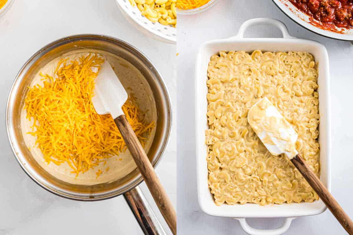 Shredded cheese in a pot with a spatula and creamy macaroni in a baking dish being spread with a spatula.