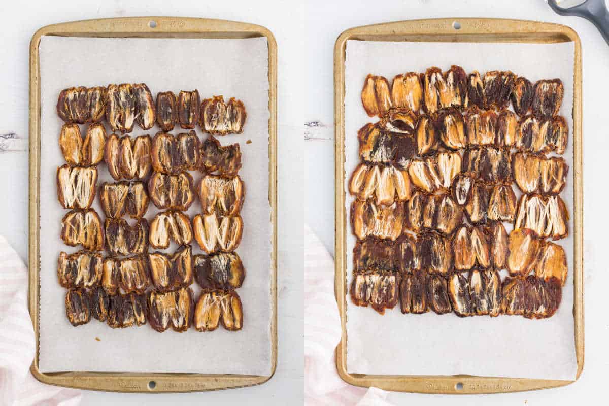 Two baking trays with halved dates on parchment paper, shown before and after roasting.