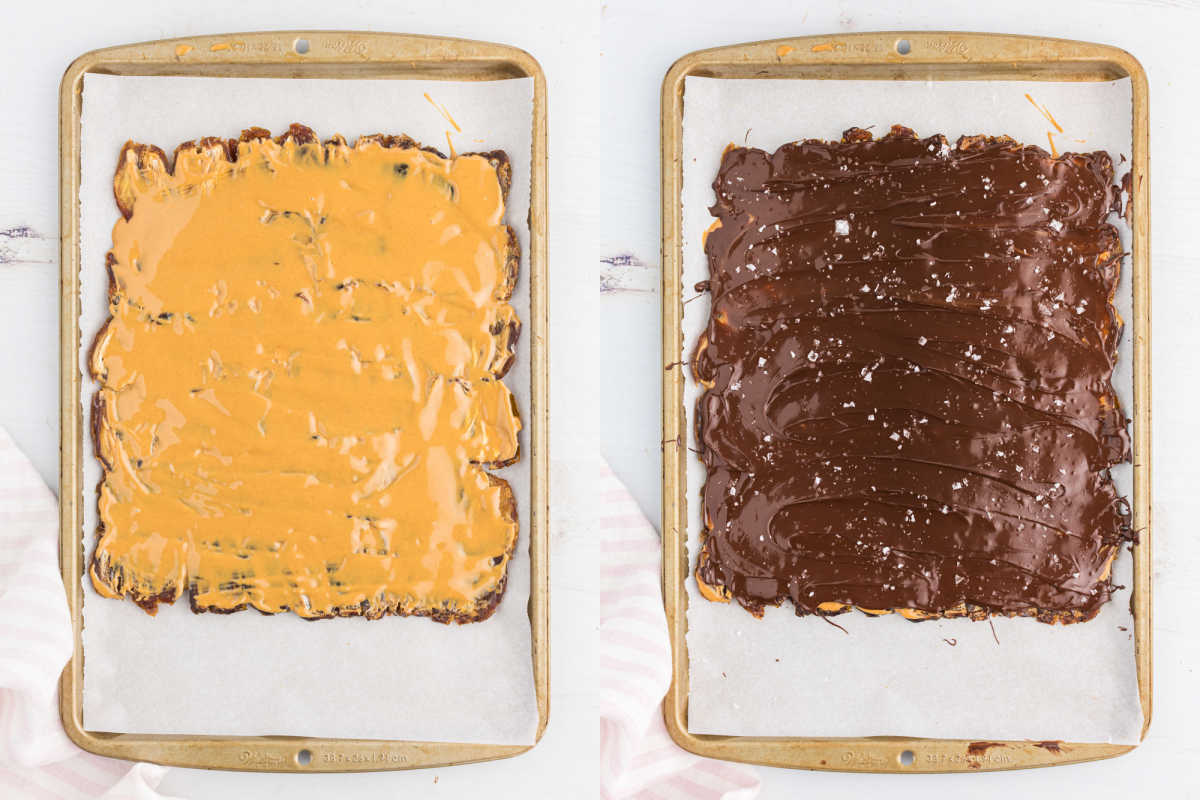 Two baking sheets with toffee: one coated in caramel, the other coated in chocolate, both on parchment paper.