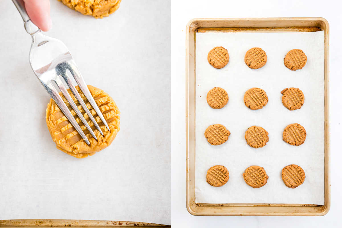 A fork presses a peanut butter cookie dough ball; cookies are arranged on a baking sheet with parchment paper.