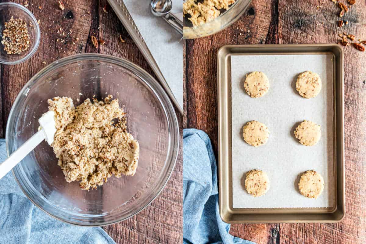 A glass bowl with cookie dough and a baking tray with six cookie dough balls on parchment paper.