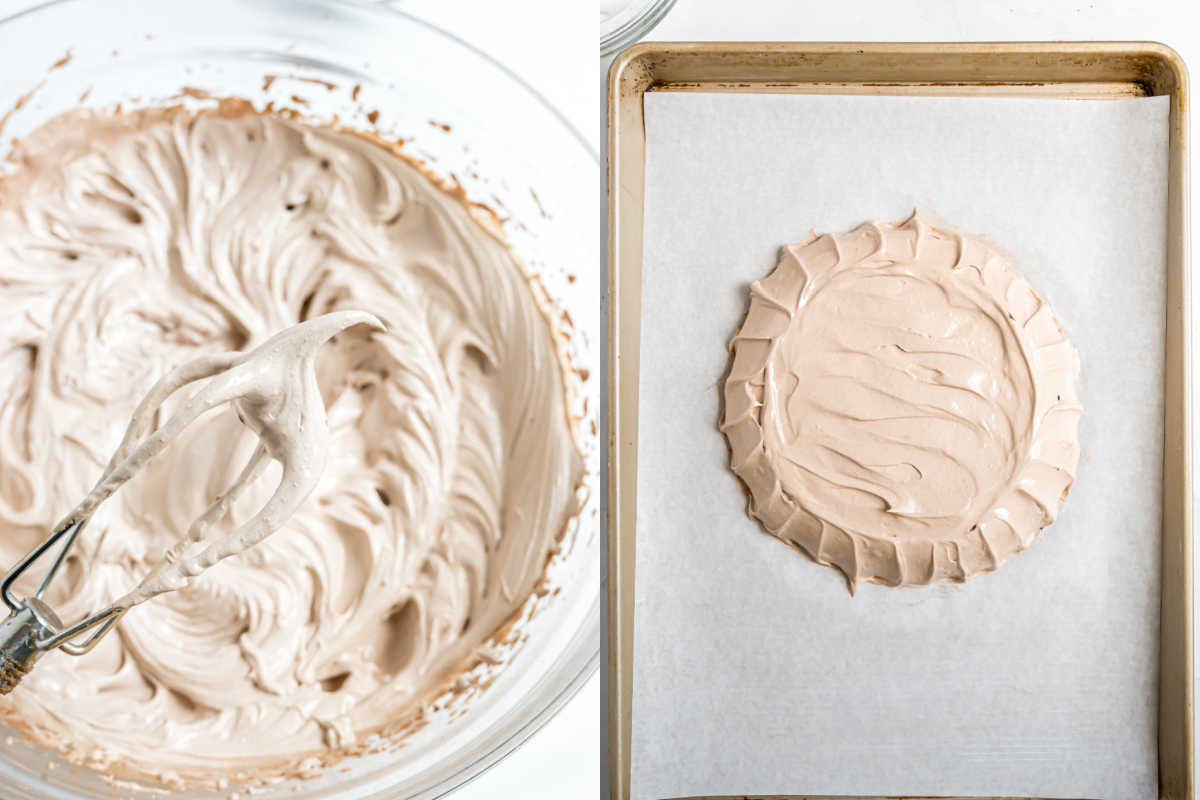 A bowl of whipped meringue and a baking tray with piped meringue on parchment paper.