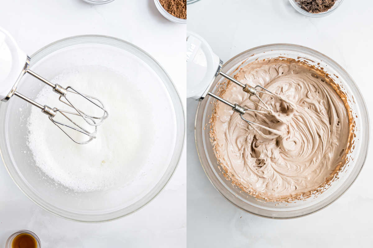 Side-by-side bowls: egg whites being whisked on left, chocolate mousse mixture being mixed on right.
