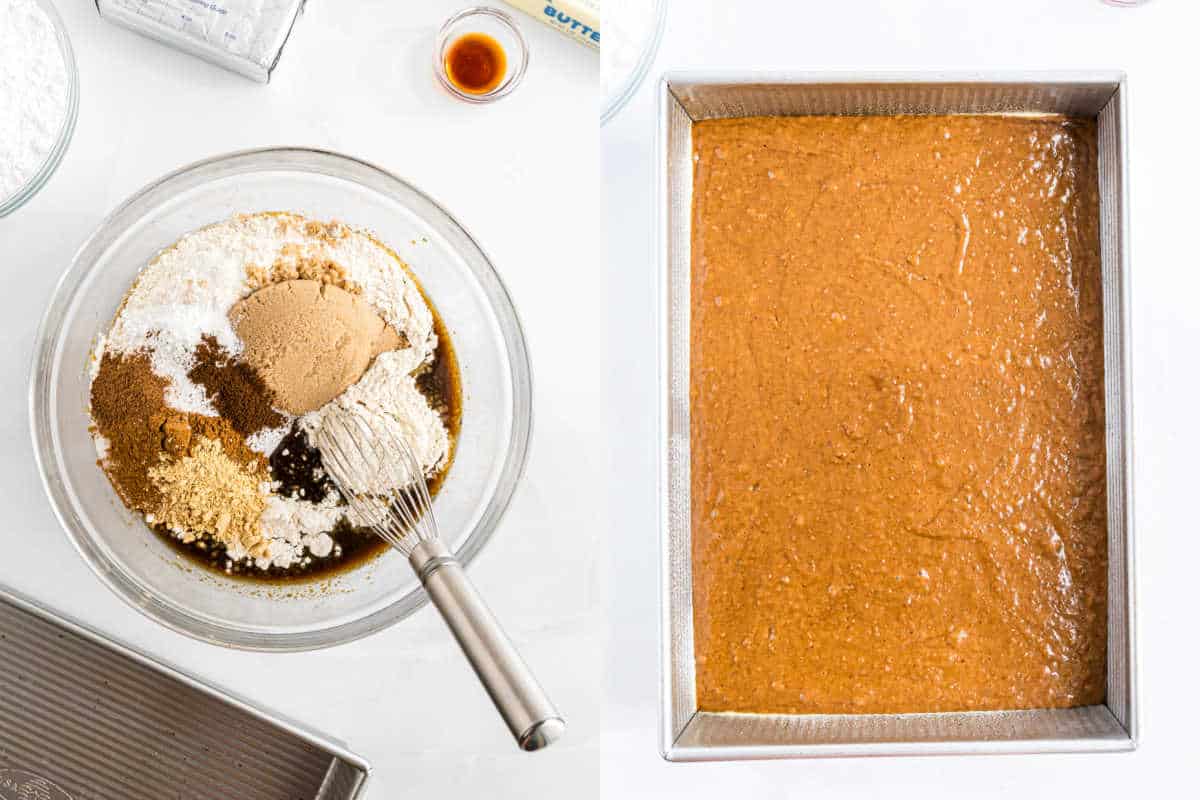 Left: Mixing gingerbread batter in a bowl. Right: Batter spread in a rectangular baking pan, ready to bake.