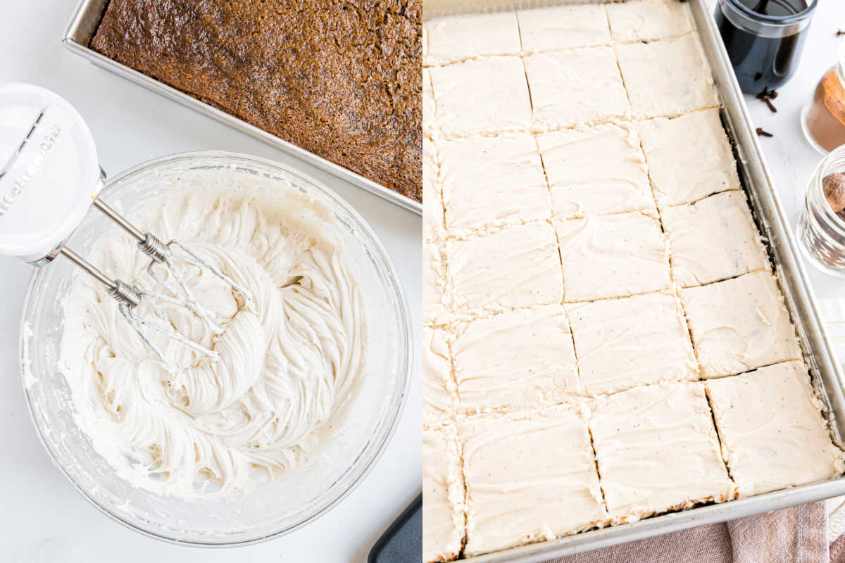 A bowl of frosting with a mixer next to a pan of sliced cake with frosting on top.