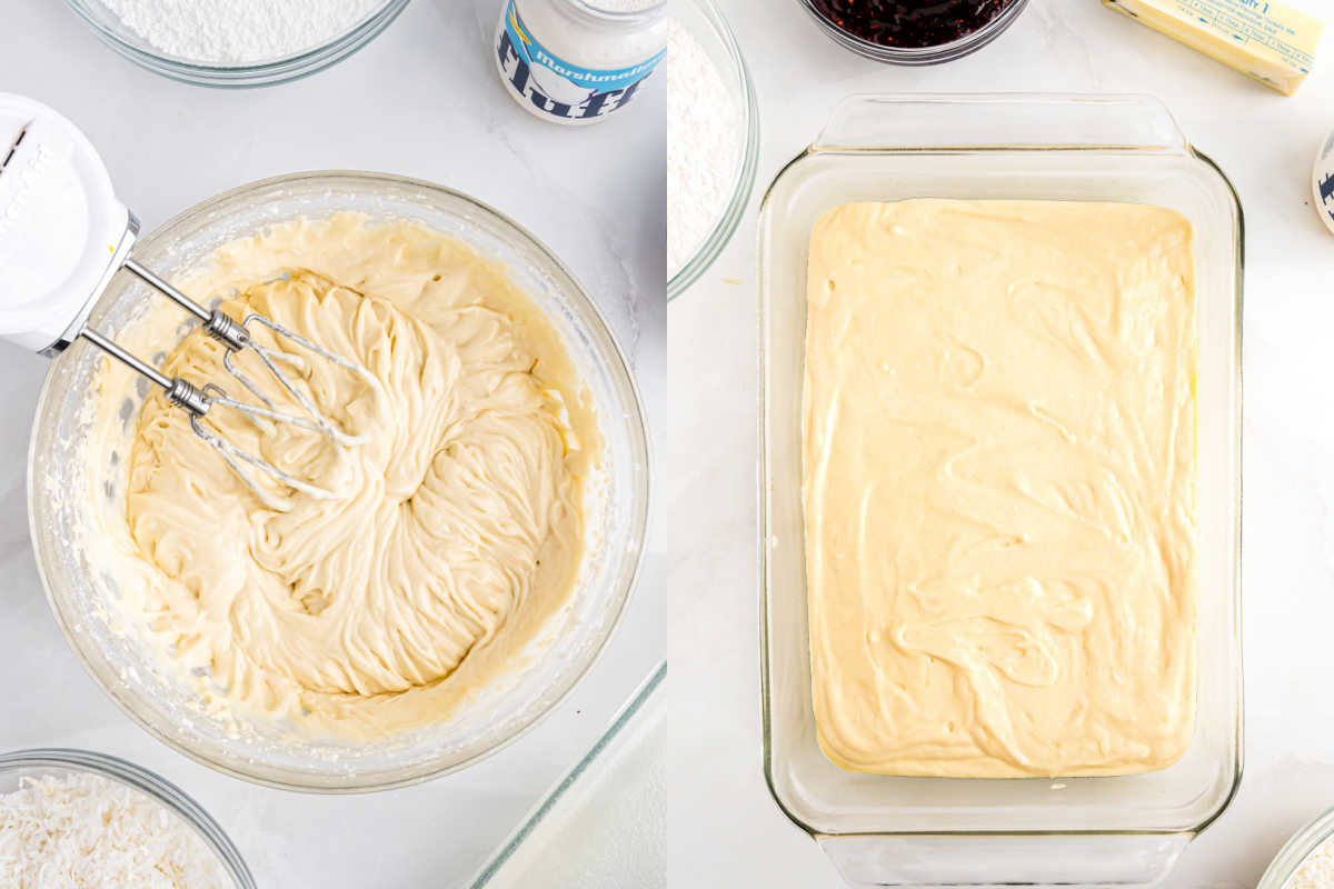 Electric mixer blending cake batter in a bowl; batter spread evenly in a rectangular baking dish.
