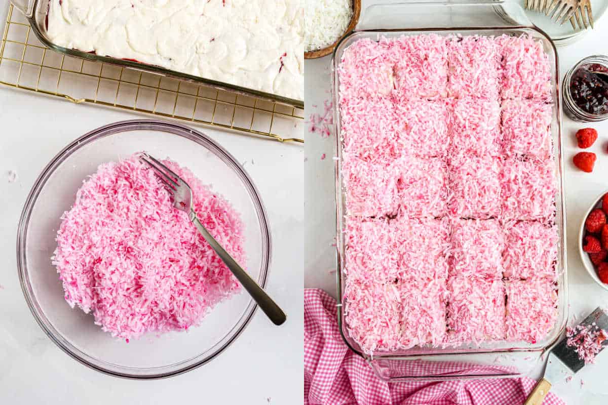 Pink coconut in a bowl with a fork on the left; pink coconut cake squares in a baking dish on the right.