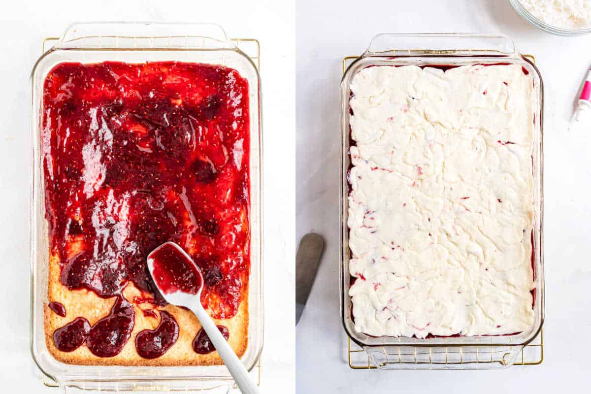 Rectangular cake pan with red jam spread on cake, next to pan with white whipped topping on the cake.