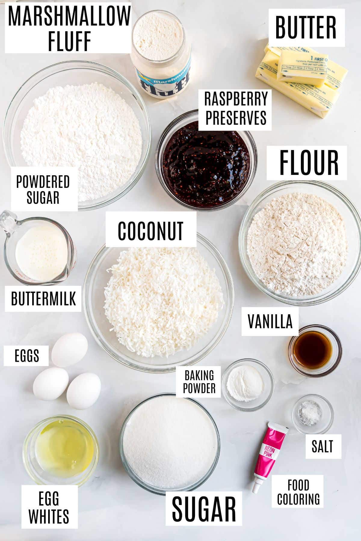 Baking ingredients including flour, sugar, butter, eggs, coconut, raspberry preserves, and marshmallow fluff.
