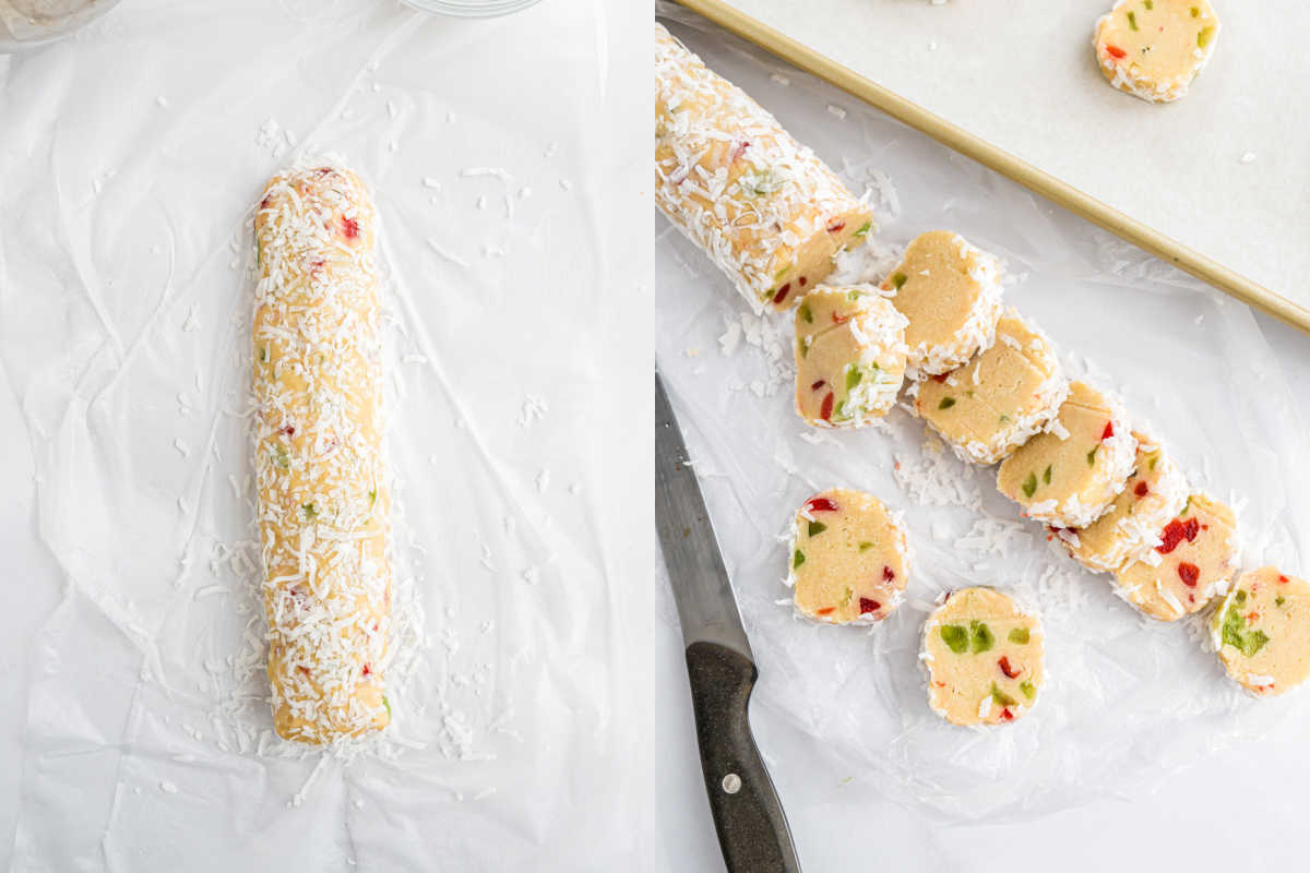 Rolled Santa's Whiskers cookies dough with cherries on wax paper; sliced cookies with a knife and baking sheet.