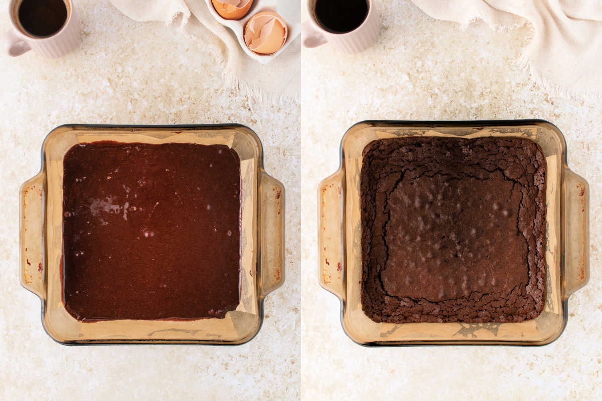 Side-by-side view of brownie batter before baking and baked brownies in a square pan with parchment paper.