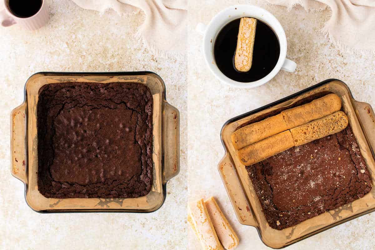 Two images: a baked brownie in a pan, and ladyfingers being dipped in coffee and layered over brownies.