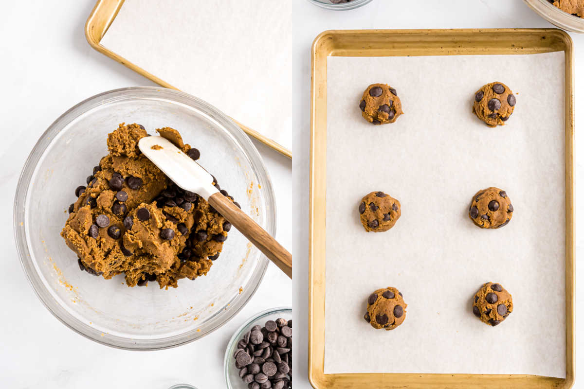 Chocolate chip cookie dough in a bowl and six dough balls on a baking sheet lined with parchment paper.
