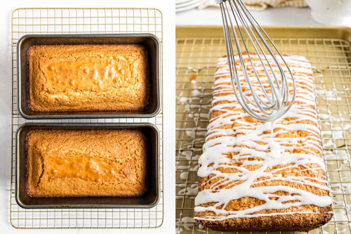 Two baked loaves in pans and one loaf being drizzled with white icing on a cooling rack.
