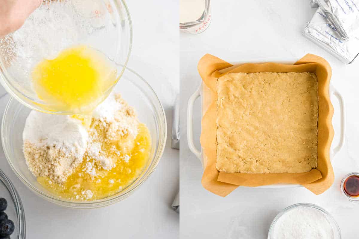 A bowl with baking ingredients and melted butter being mixed, next to a pan with pressed dough lined with parchment paper.