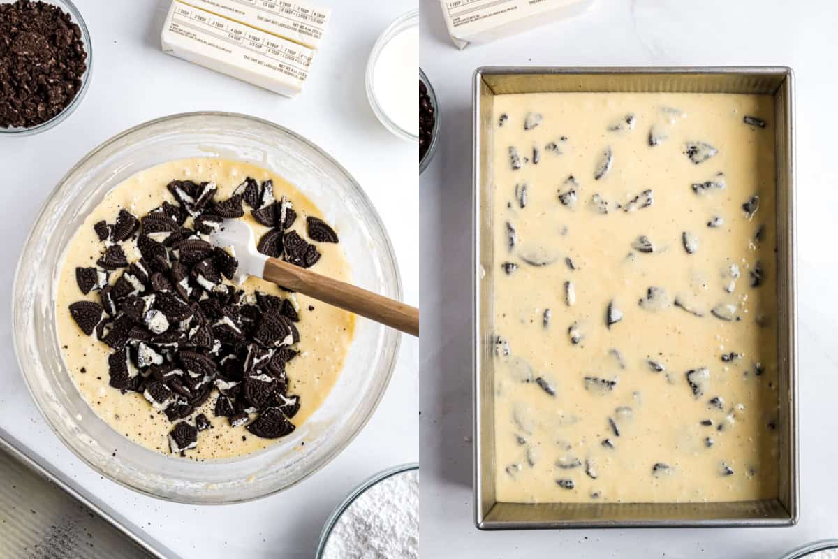 A bowl and a baking pan with cookie pieces mixed into a pale batter, surrounded by baking ingredients.