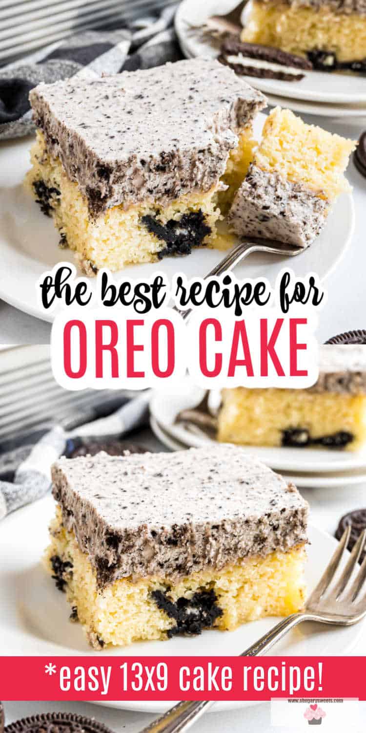 A slice of yellow Oreo cake with Oreo pieces and cookies and cream frosting on a white plate with a fork.