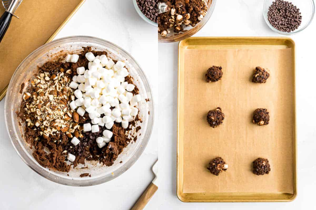A bowl with cookie dough, marshmallows, and nuts; cookie dough scoops on a baking sheet.