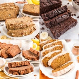 Collage of four different sliced sweet loaves, including banana, chocolate, nut, and glazed spice breads.