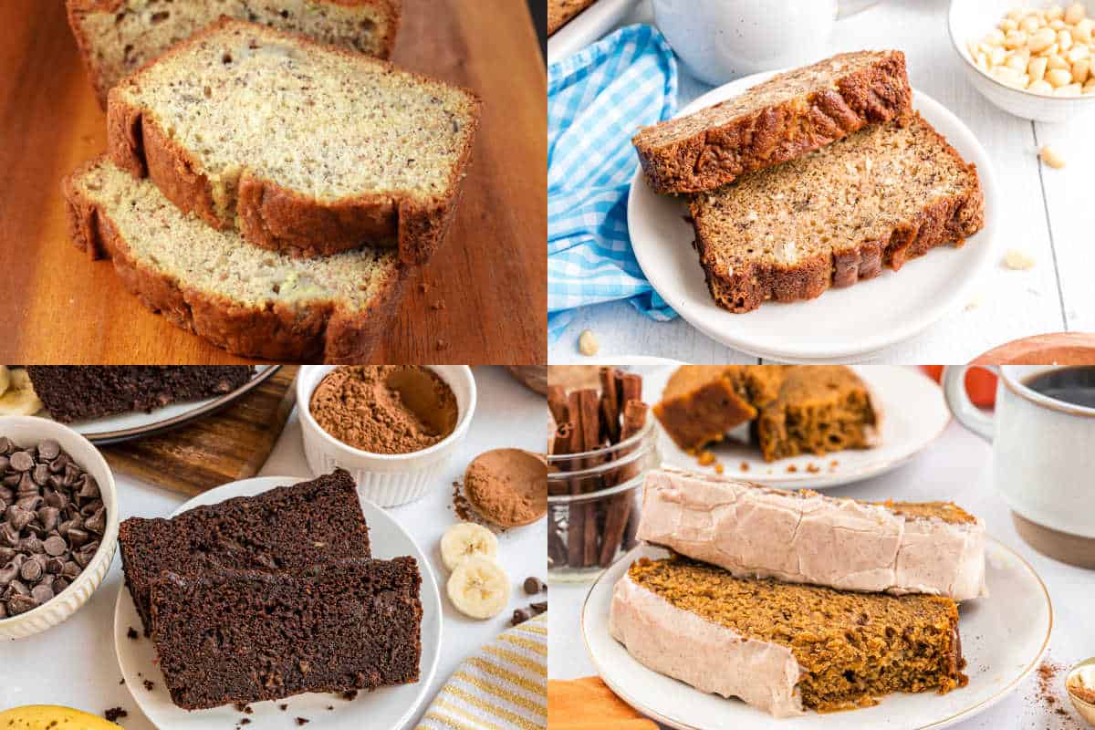 Four types of banana bread slices, each on a plate, displayed with various ingredients and toppings.