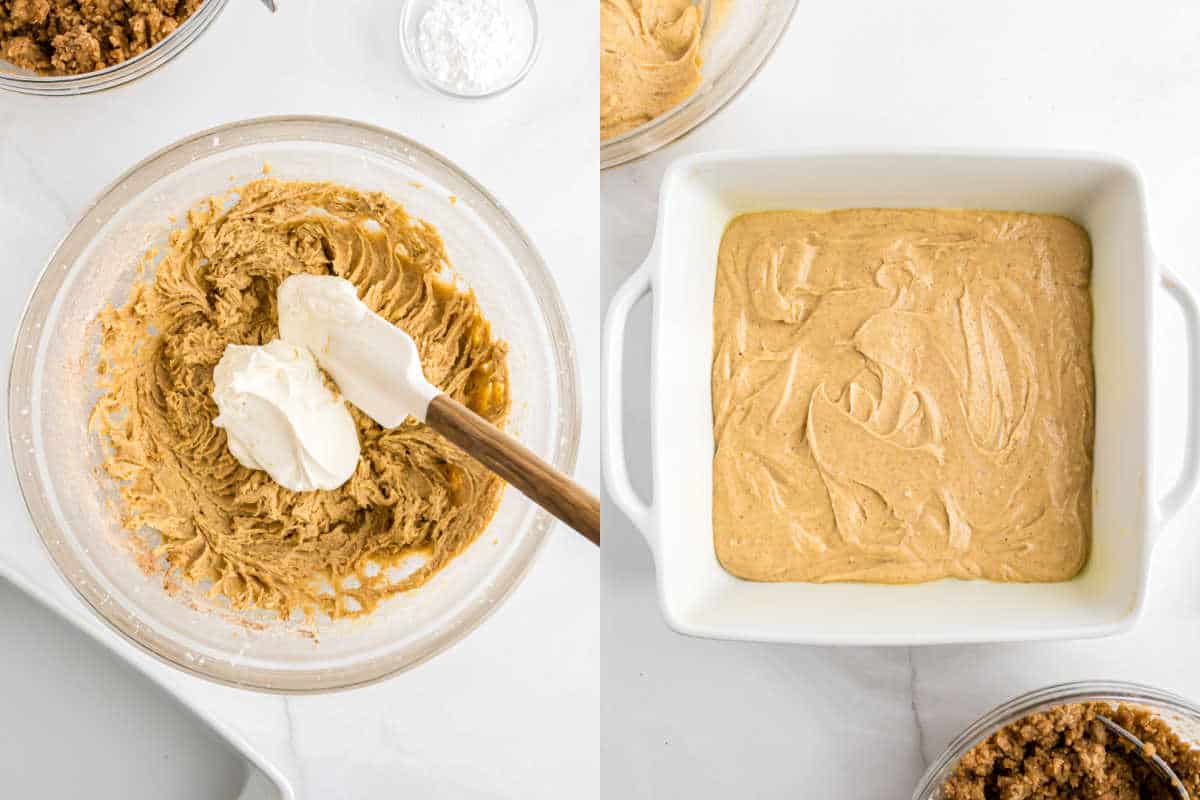 A spatula mixes batter in a bowl; batter is spread in a square white baking dish.