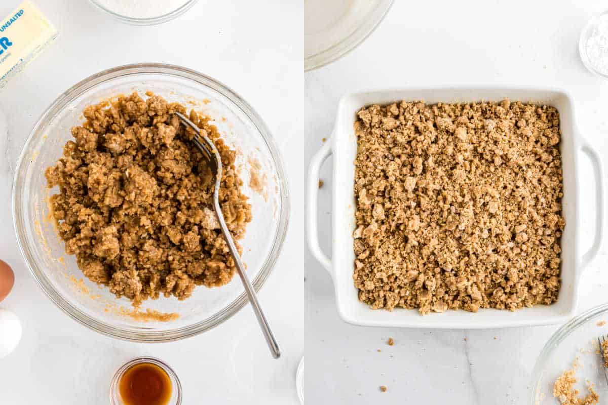 Left: Oat crumble mixture in a glass bowl; right: crumble mixture spread in a white baking dish.