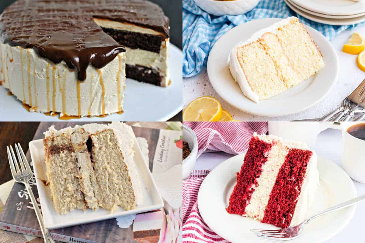 Four different slices of layered cakes on plates, including chocolate, vanilla, and red velvet varieties.