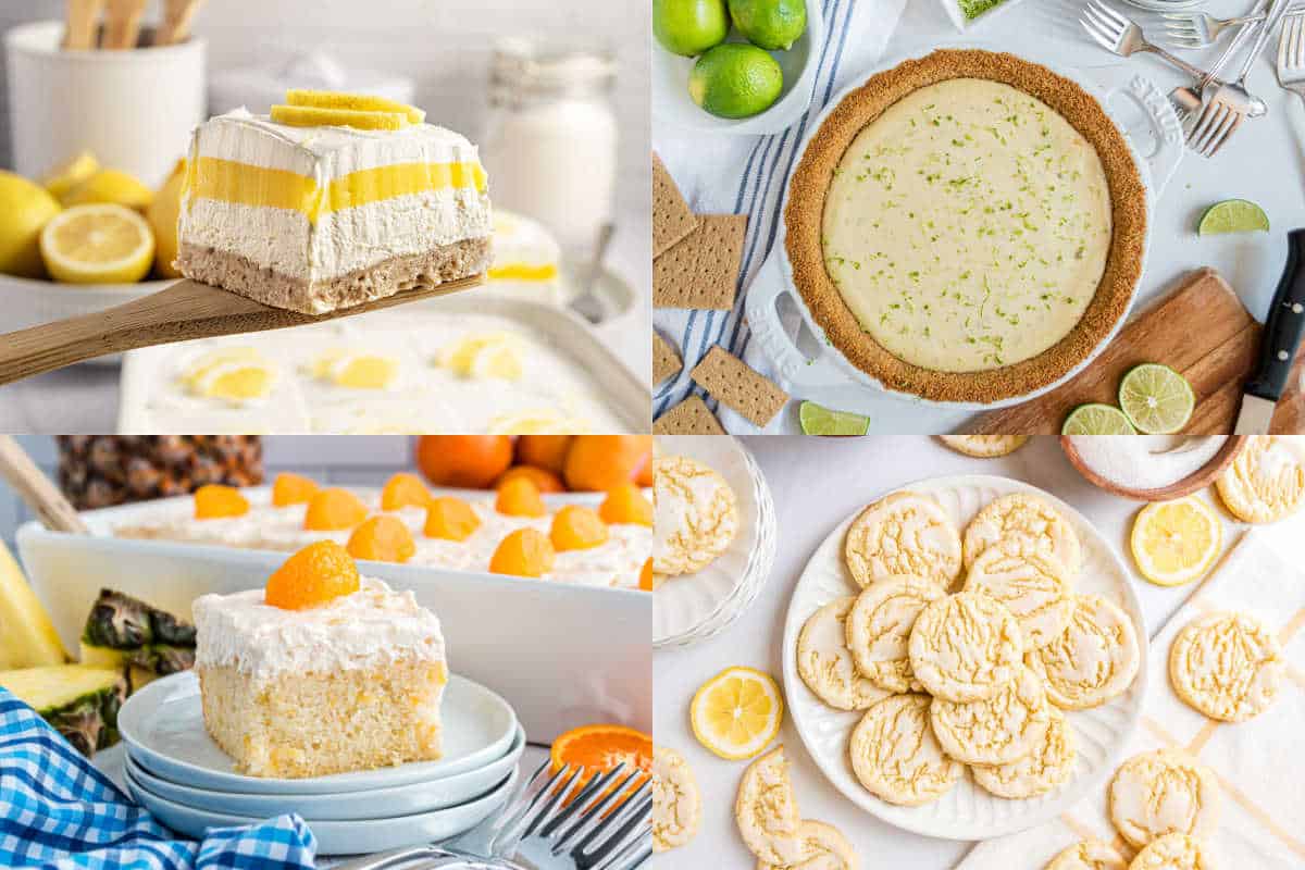 Four desserts: lemon layered bars, key lime pie, mandarin orange cake, and lemon crinkle cookies.