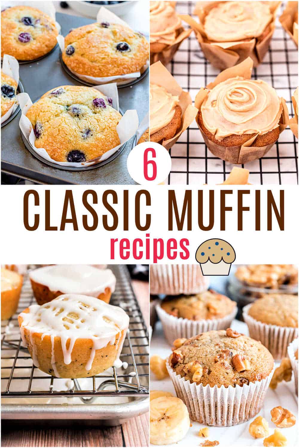 Four types of classic muffins, including blueberry and banana nut, displayed on cooling racks. Text: 6 Classic Muffin Recipes.