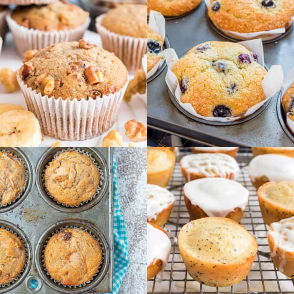 Four types of muffins in baking trays and cooling racks, including nut, blueberry, plain, and glazed poppy seed varieties.