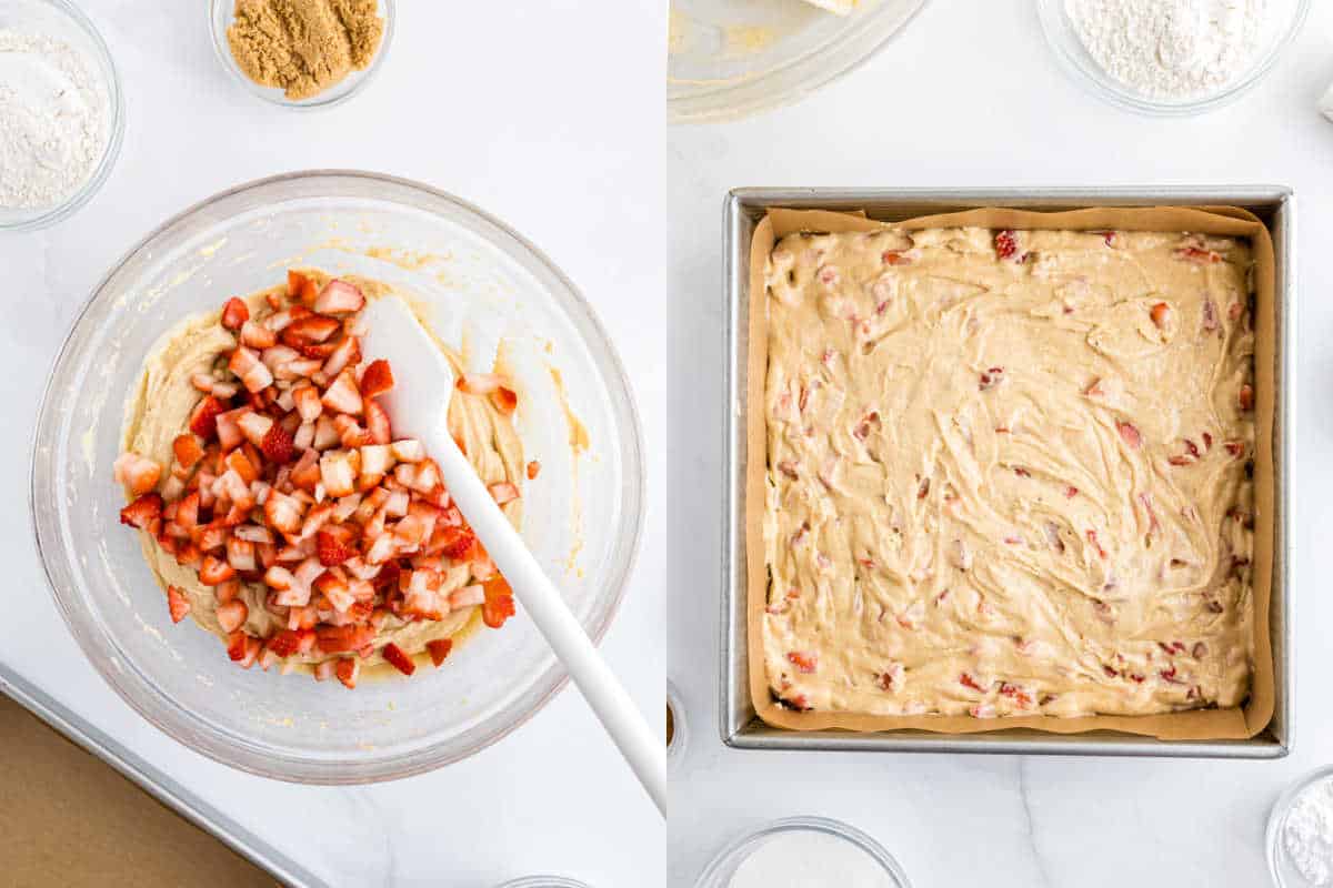 Left: Chopped strawberries in batter in a bowl. Right: Batter spread in a parchment-lined square baking pan.