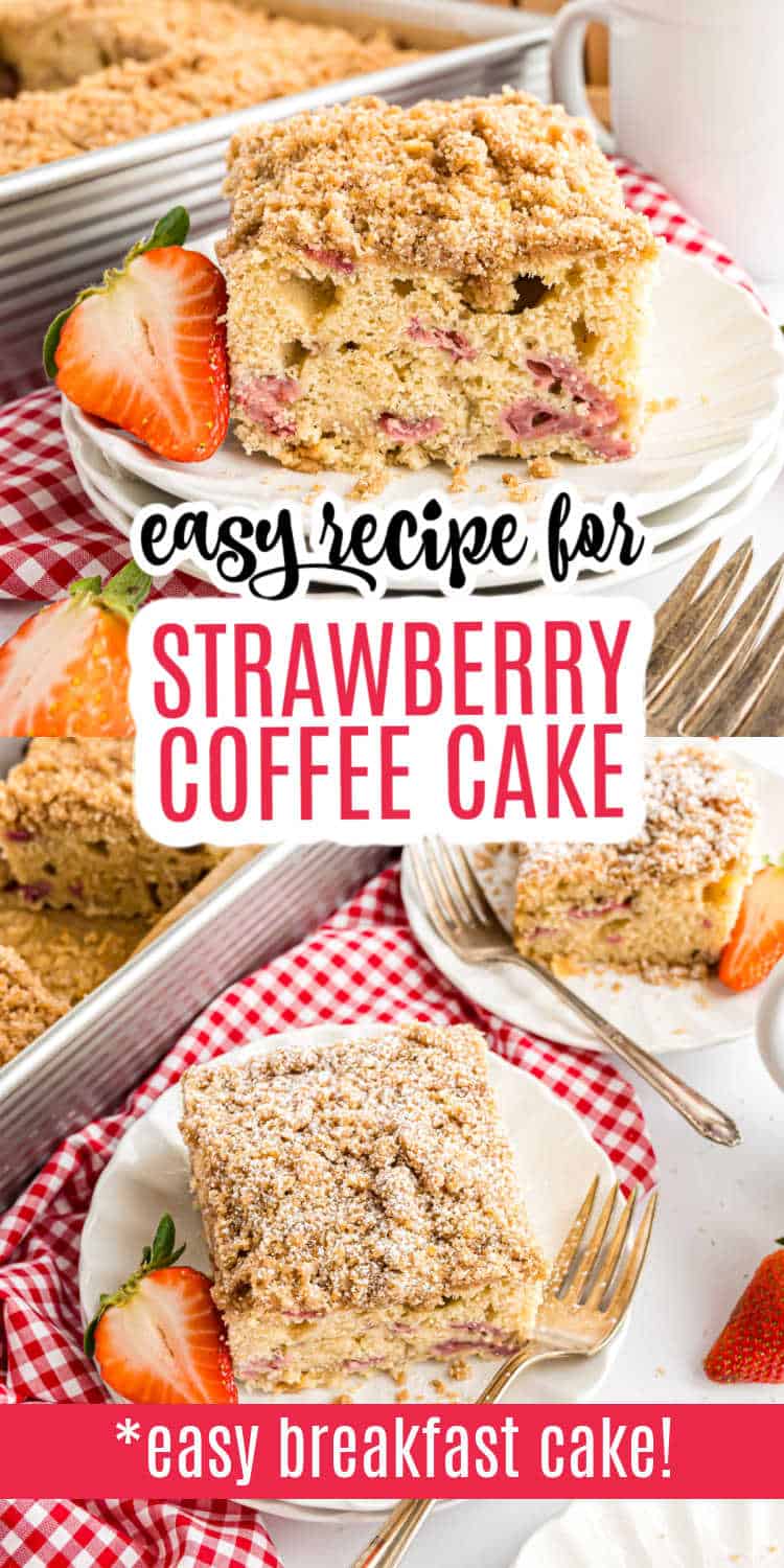 A slice of strawberry coffee cake on a plate, topped with crumb topping and served with fresh strawberries.