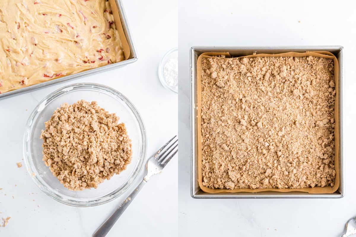 Split image: bowl of crumb topping beside unbaked cake batter, then cake topped with crumb mixture in a square pan.