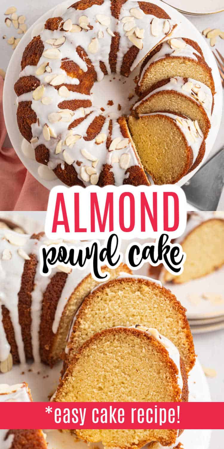 A glazed almond pound cake topped with sliced almonds, shown whole and in slices on a white plate.