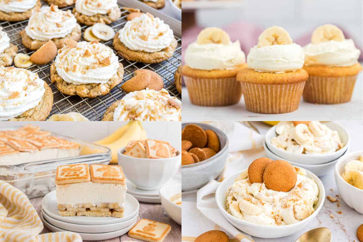 Four banana pudding desserts: cookies, cupcakes, layered bars, and bowls with whipped cream and vanilla wafers.